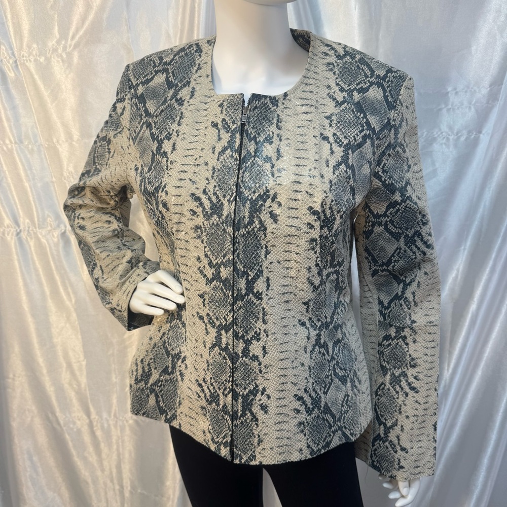 Newport News Leather Snake-Print Vintage Full Zip Jacket - Beige & Gray